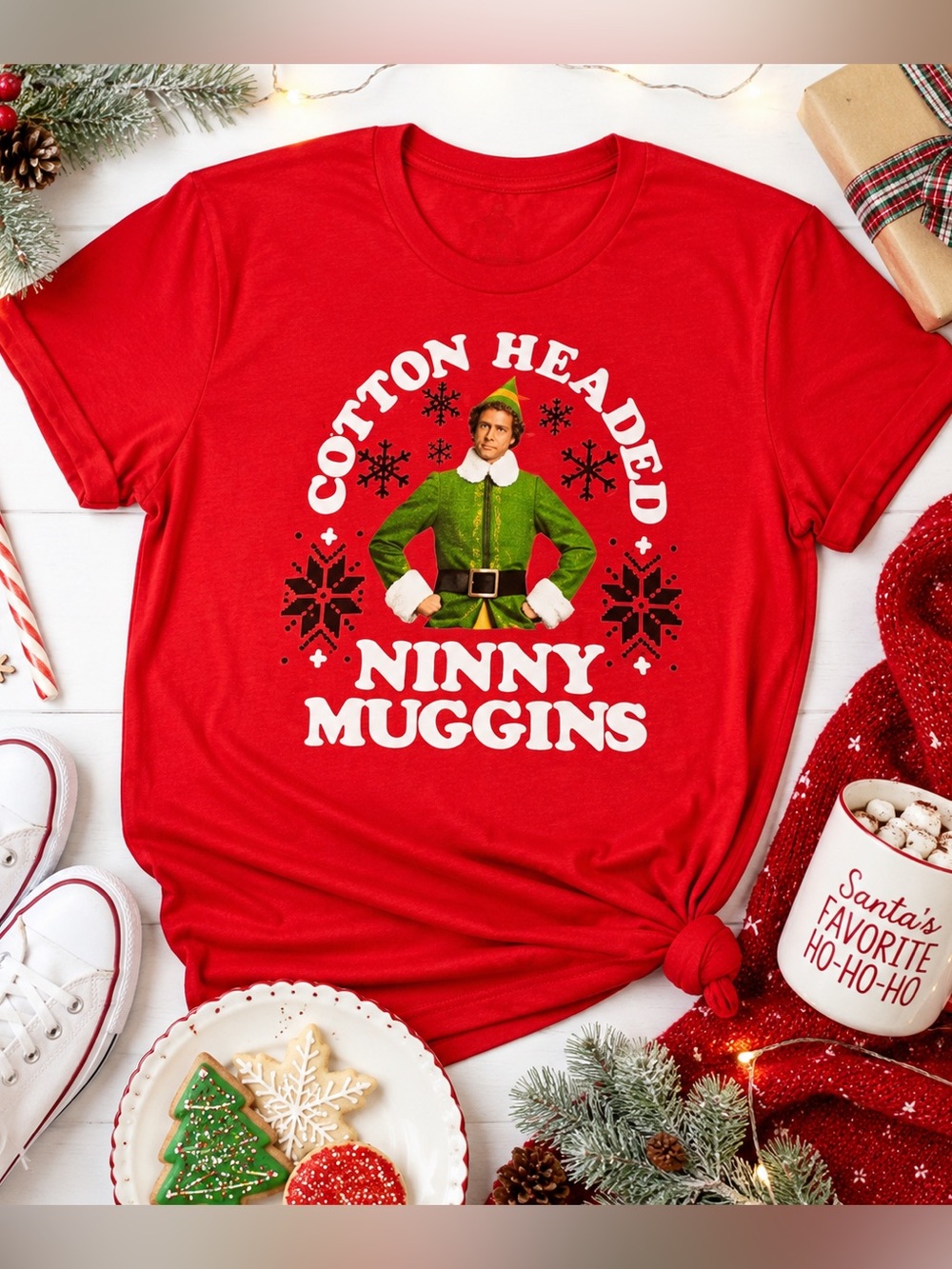 Elf Cotton Headed Ninny Muggins Holiday Graphic Shirt Red XL